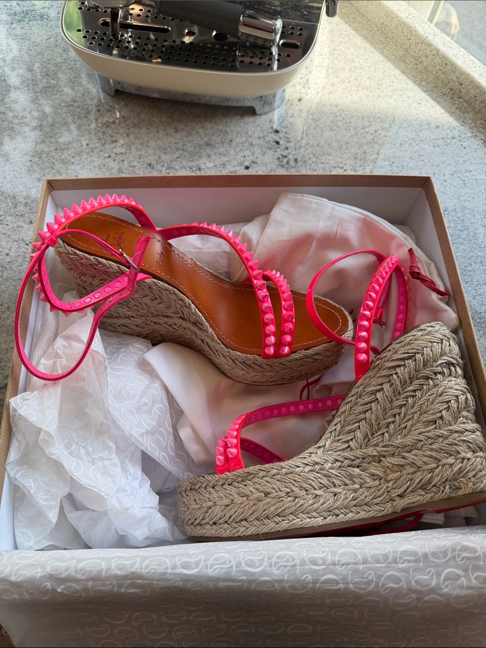 Christian Louboutin Hot Pink Studded Espadrille Wedge Sandals EU 39